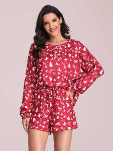 Color=Red | Women's Cute Long Sleeve Printed Loungewear with Shorts-Red 1