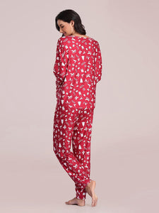 Color=Red | Women's Cute Long Sleeve Printed Loungewear with Shorts-Red 3