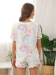 Color=Multicolor | Casual Round Neck Tie-dye Loungewear Set Pajamas-Multicolor 2