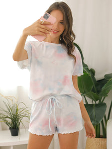 Color=White | Casual Round Neck Tie-dye Loungewear Set Pajamas-White 4