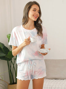 Color=White | Casual Round Neck Tie-dye Loungewear Set Pajamas-White 1