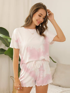 Color=Pink | Casual Round Neck Tie-dye Loungewear Set Pajamas-Pink 7
