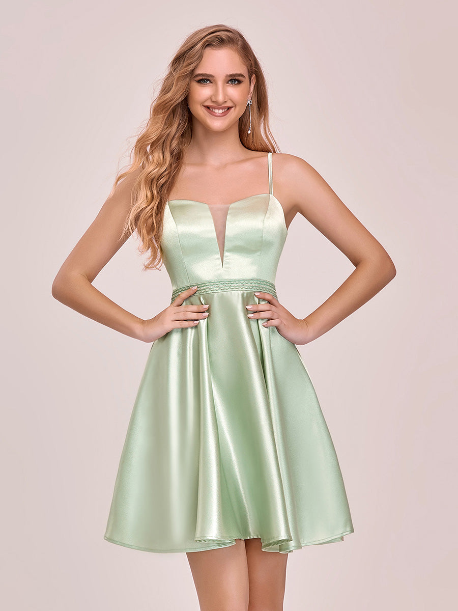 Color=Mint Green | Sweet Wholesale Satin Cocktail Dress For Women With Spahetti Straps-Mint Green 1