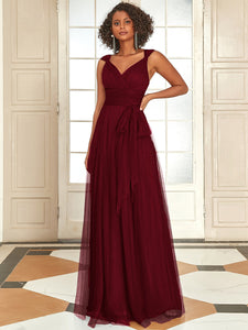 Color=Burgundy | Adorable A Line Sleeveless Wholesale Tulle Bridesmaid Dresses With Belt-Burgundy 4