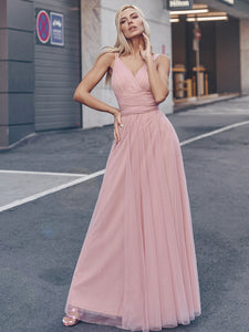 Color=Blush | Adorable A Line Sleeveless Wholesale Tulle Bridesmaid Dresses With Belt-Blush 4