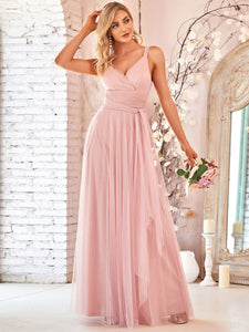 Color=Blush | Adorable A Line Sleeveless Wholesale Tulle Bridesmaid Dresses With Belt-Blush 3