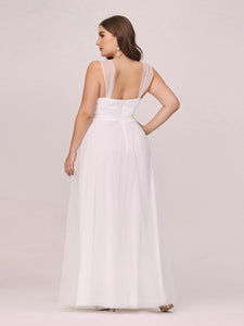 COLOR=Cream | Maxi Long Double V Neck Plus Size Tulle Bridesmaid Dresses-Cream 2