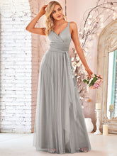 Load image into Gallery viewer, Color=Grey | Adorable A Line Sleeveless Wholesale Tulle Bridesmaid Dresses With Belt-Grey 3