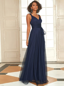 Color=Navy Blue | Floor Length V Neck Evening Gown-Navy Blue 1