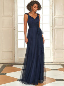 Color=Navy Blue | Floor Length V Neck Evening Gown-Navy Blue 3