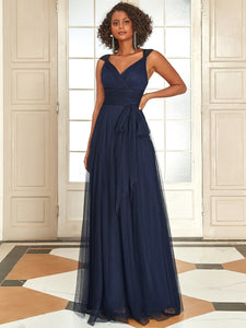 Color=Navy Blue | Floor Length V Neck Evening Gown-Navy Blue 4