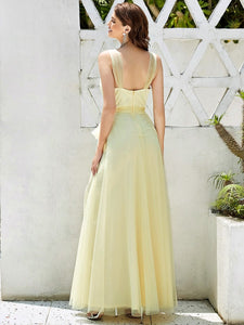 Color=Yellow | Floor Length V Neck Evening Gown-Yellow 2