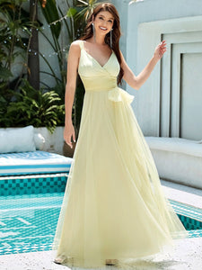 Color=Yellow | Floor Length V Neck Evening Gown-Yellow 4