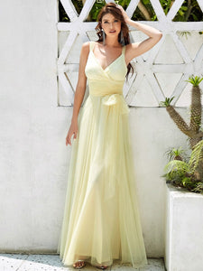 Color=Yellow | Floor Length V Neck Evening Gown-Yellow 5