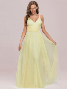 Color=Yellow | Floor Length V Neck Evening Gown-Yellow 8