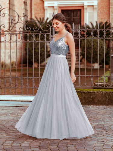Color=Silver | Elegant A Line Long Tulle Bridesmaid Dresses Ep07392-Silver 1