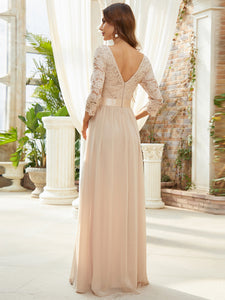 Color=Blush | Elegant Empire Waist Wholesale Bridesmaid Dresses With Long Lace Sleeve-Blush 2