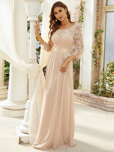 Color=Blush | Elegant Empire Waist Wholesale Bridesmaid Dresses With Long Lace Sleeve-Blush 3