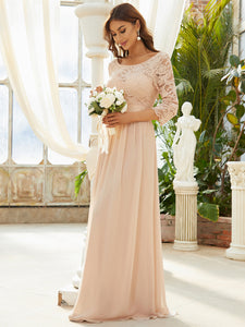 Color=Blush | Elegant Empire Waist Wholesale Bridesmaid Dresses With Long Lace Sleeve-Blush 4