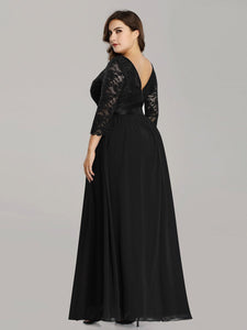 COLOR=Black | See-Through Floor Length Lace Evening Dress With Half Sleeve-Black  10