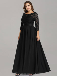 COLOR=Black | See-Through Floor Length Lace Evening Dress With Half Sleeve-Black  9