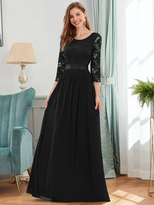 COLOR=Black | See-Through Floor Length Lace Evening Dress With Half Sleeve-Black  5