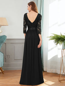 COLOR=Black | See-Through Floor Length Lace Evening Dress With Half Sleeve-Black  6