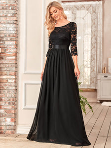 COLOR=Black | See-Through Floor Length Lace Evening Dress With Half Sleeve-Black  1