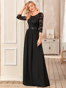 COLOR=Black | See-Through Floor Length Lace Evening Dress With Half Sleeve-Black  3