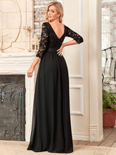 Load image into Gallery viewer, COLOR=Black | See-Through Floor Length Lace Evening Dress With Half Sleeve-Black  4