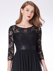 COLOR=Black | See-Through Floor Length Lace Evening Dress With Half Sleeve-Black  8