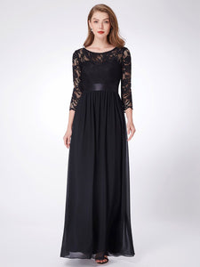 COLOR=Black | See-Through Floor Length Lace Evening Dress With Half Sleeve-Black  7