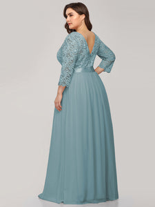 Color=Dusty blue | Plus Size Lace Wholesale Bridesmaid Dresses With Long Lace Sleeve-Dusty Blue 2