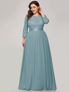 Color=Dusty blue | Plus Size Lace Wholesale Bridesmaid Dresses With Long Lace Sleeve-Dusty Blue 4