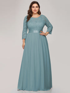 Color=Dusty blue | Plus Size Lace Wholesale Bridesmaid Dresses With Long Lace Sleeve-Dusty Blue 1