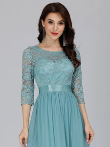 Color=Dusty Blue | Elegant Empire Waist Wholesale Bridesmaid Dresses With Long Lace Sleeve-Dusty Blue 5