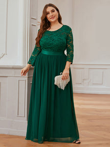 Color=Dark Green | Plus Size See-Through Floor Length Lace Evening Dress With Half Sleeve-Dark Green 3