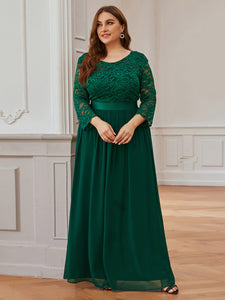 Color=Dark Green | Plus Size See-Through Floor Length Lace Evening Dress With Half Sleeve-Dark Green 4