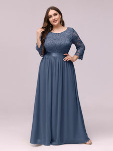 COLOR=Dusty Navy | See-Through Floor Length Lace Evening Dress With Half Sleeve-Dusty Navy 1