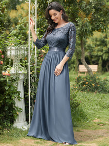 COLOR=Dusty Navy | See-Through Floor Length Lace Evening Dress With Half Sleeve-Dusty Navy 3