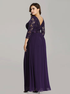 COLOR=Dark Purple | See-Through Floor Length Lace Evening Dress With Half Sleeve-Dark Purple 2