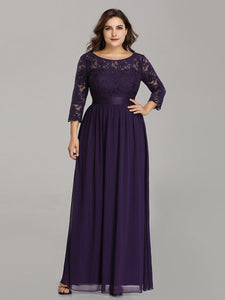 COLOR=Dark Purple | See-Through Floor Length Lace Evening Dress With Half Sleeve-Dark Purple 4