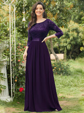 Load image into Gallery viewer, COLOR=Dark Purple | See-Through Floor Length Lace Evening Dress With Half Sleeve-Dark Purple 1