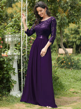 Load image into Gallery viewer, COLOR=Dark Purple | See-Through Floor Length Lace Evening Dress With Half Sleeve-Dark Purple 3