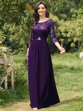 Load image into Gallery viewer, COLOR=Dark Purple | See-Through Floor Length Lace Evening Dress With Half Sleeve-Dark Purple 4