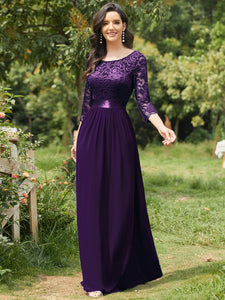 COLOR=Dark Purple | See-Through Floor Length Lace Evening Dress With Half Sleeve-Dark Purple 4
