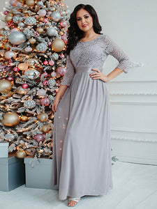 Color=Grey | Plus Size Lace Wholesale Bridesmaid Dresses With Long Lace Sleeve-Grey 1