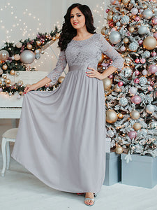 Color=Grey | Plus Size Lace Wholesale Bridesmaid Dresses With Long Lace Sleeve-Grey 2