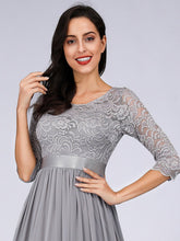 Load image into Gallery viewer, Color=Grey | Elegant Empire Waist Wholesale Bridesmaid Dresses With Long Lace Sleeve-Grey 4
