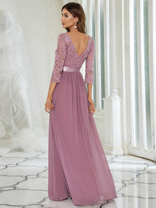 Color=Purple Orchid | Elegant Empire Waist Wholesale Bridesmaid Dresses With Long Lace Sleeve-Purple Orchid 2
